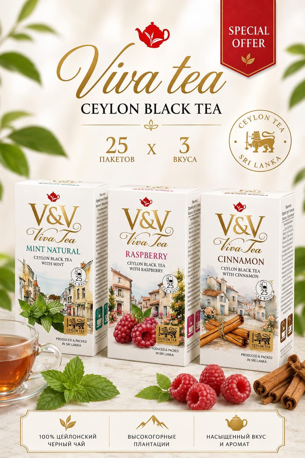 Набор черного чая V&V MINT MATURAL + RASPBERRY + CINNAMON 3 по 25 пакетиков