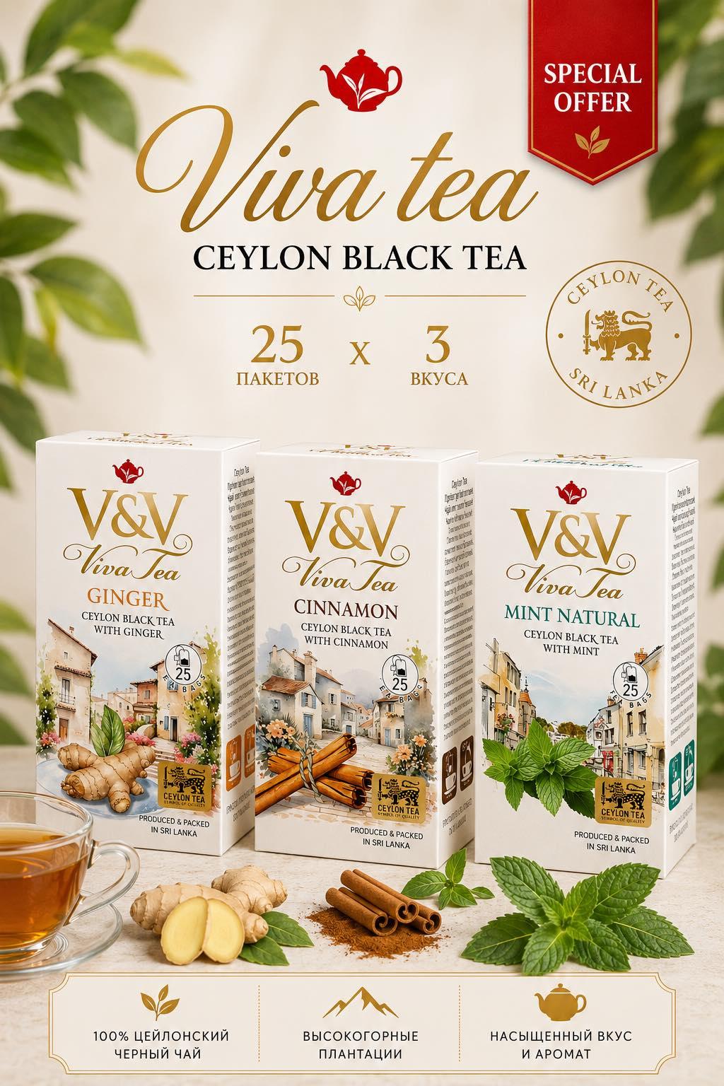 Набор черного чая V&V GINGER+CINNAMON+MINT MATURAL 3 по 25 пакетиков